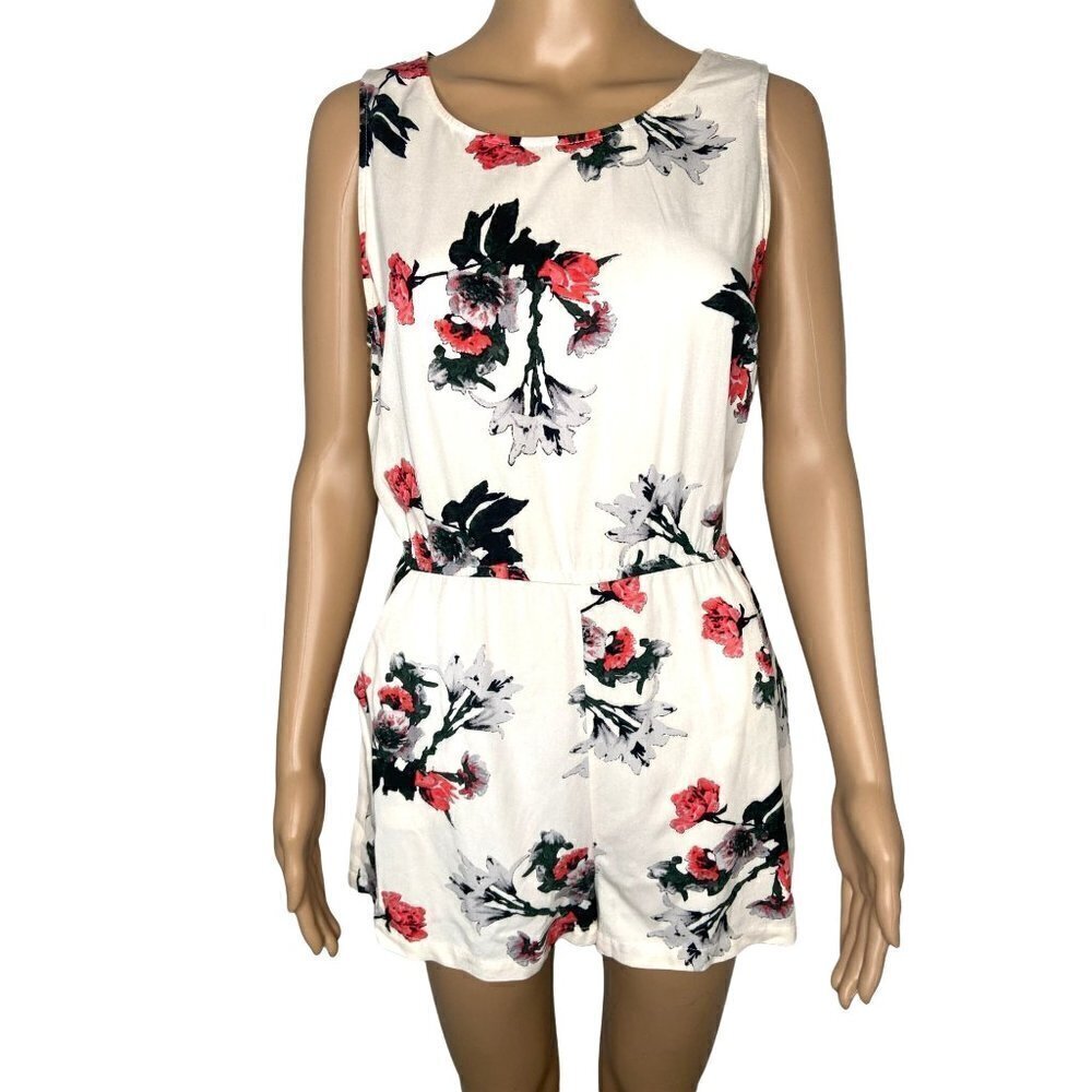 BB Dakota Romper Floral Sleeveless Round Neck Zip Up White Size S